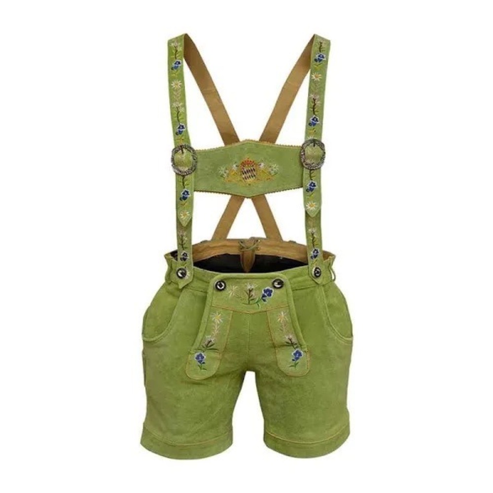 Green Embroidered Lederhosen-Style Women's Shorts with Suspenders